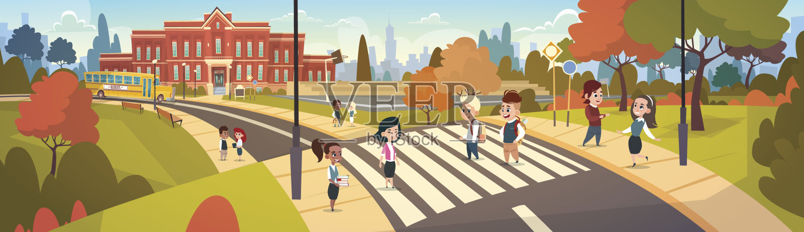 一组在人行横道上行走的学生，混合种族的学生去学校过马路插画图片素材