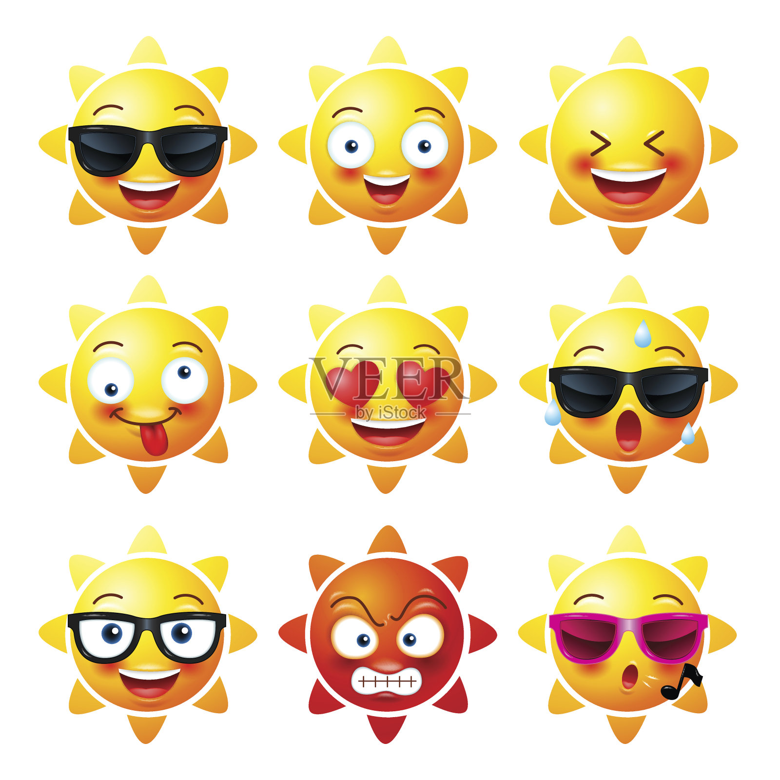太阳，笑脸图标或黄色表情符号与情感滑稽的脸在现实中。emojis .Vector插图图标素材