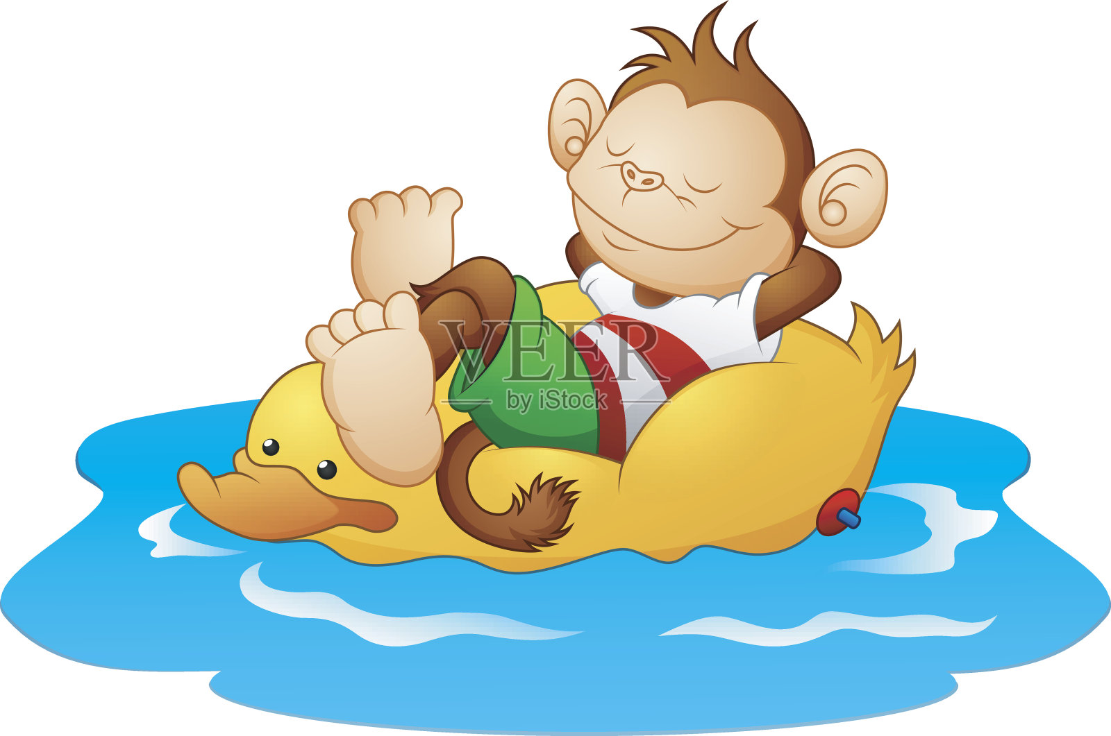 卡通猴子在水中的鸭子救生圈上休息插画图片素材