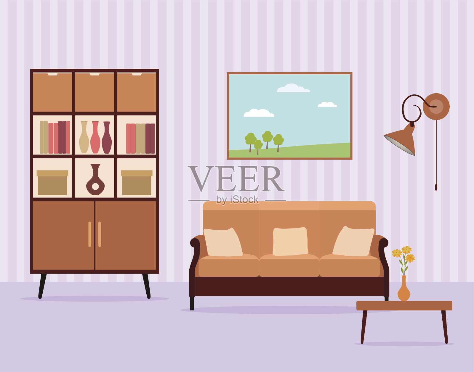 平面风格的客厅室内设计包括家具、橱柜、沙发、桌子、台灯和风景画。插画图片素材