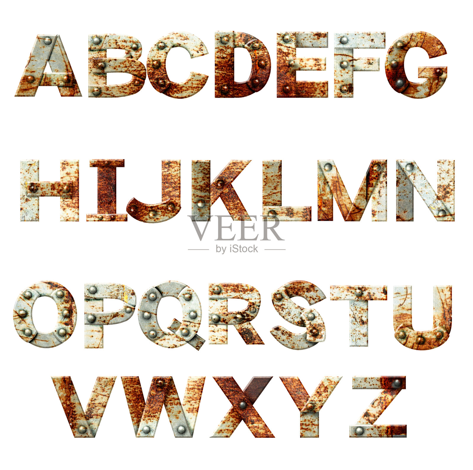 字母-生锈的金属和铆钉的字母照片摄影图片