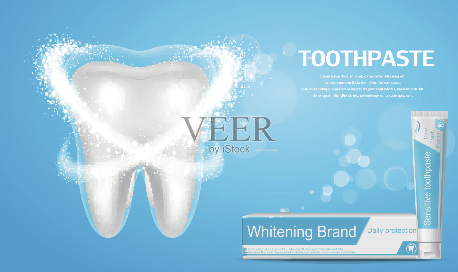 美白牙膏广告。大而健康的牙齿，蓝色背景，薄荷香味的牙膏，防止龋齿。健康牙齿的概念。插画图片素材