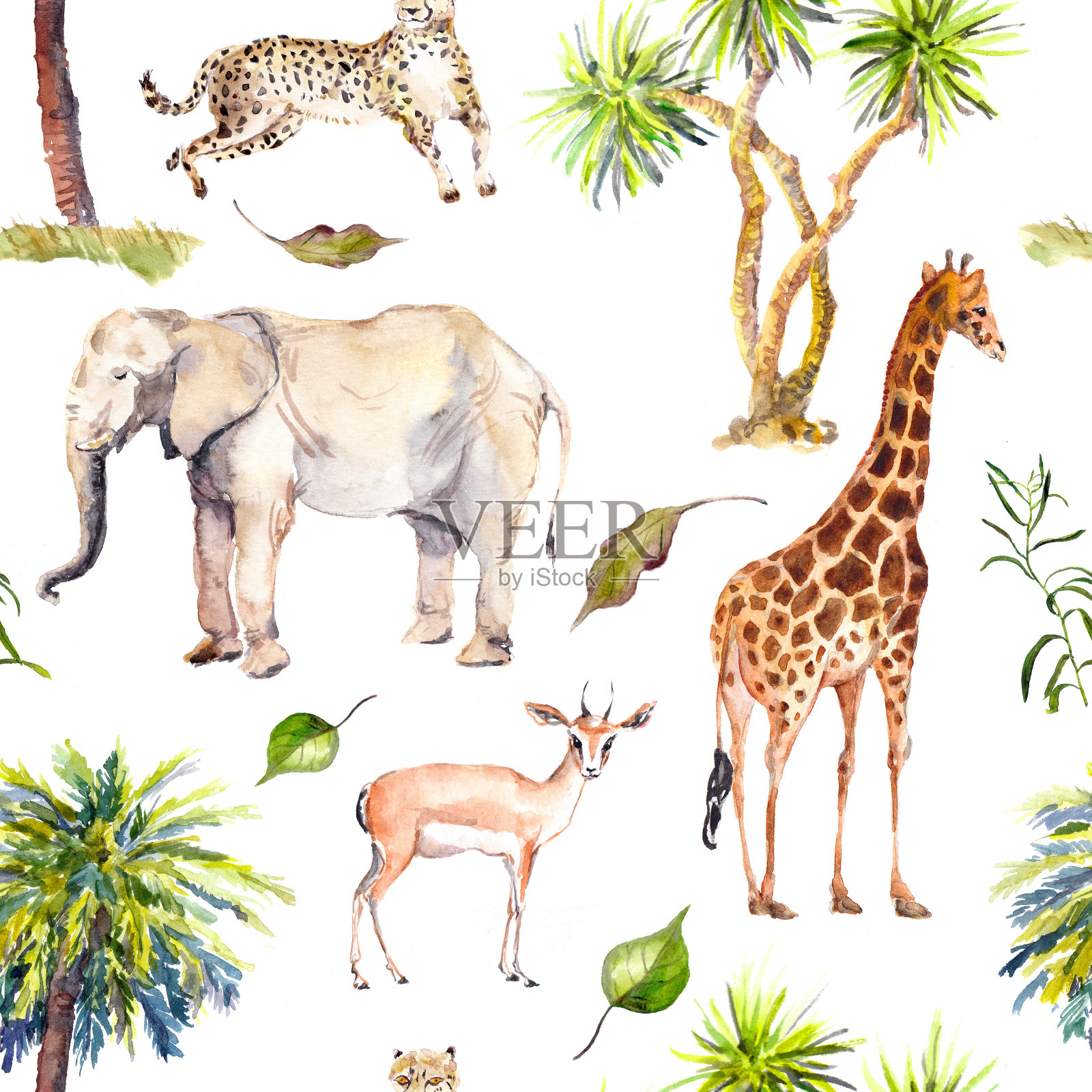 棕榈树和草原动物——长颈鹿，大象，猎豹，羚羊。动物园无缝模式。水彩插画图片素材