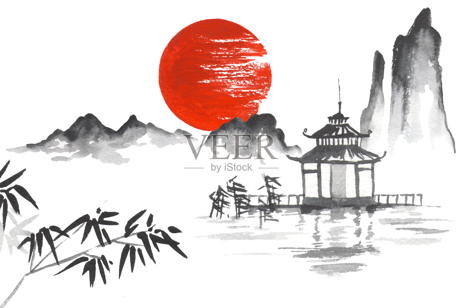 日本传统绘画Sumi-e艺术太阳山寺庙竹插画图片素材