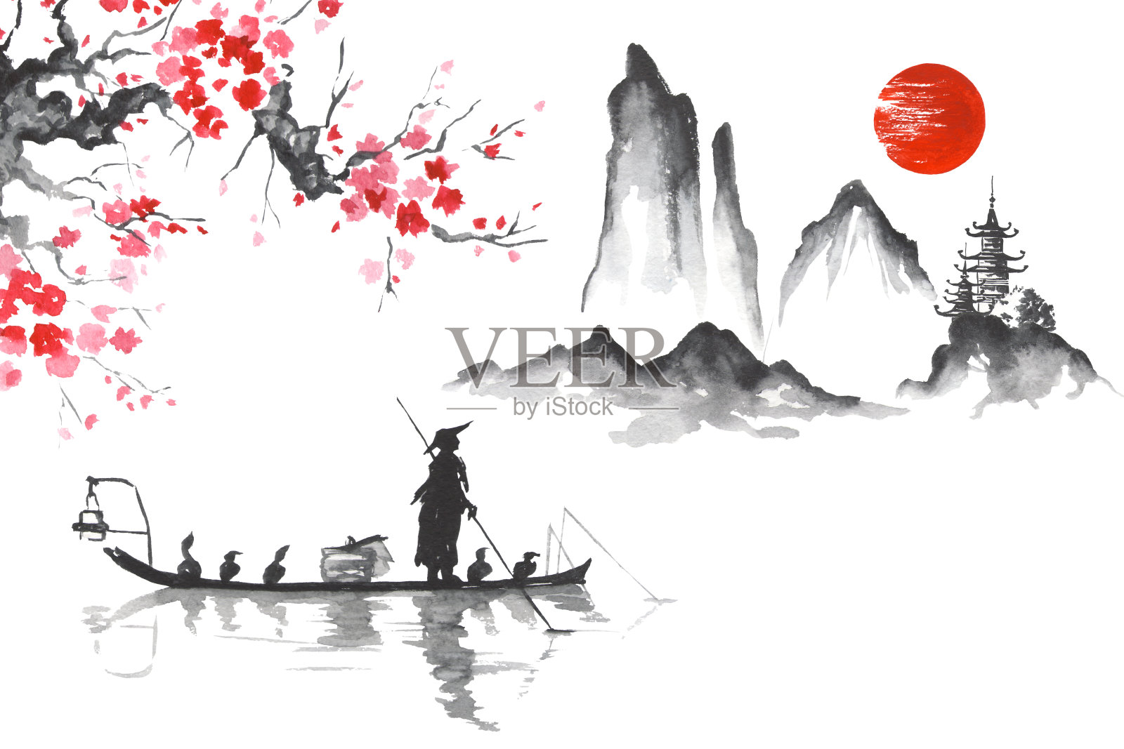 日本传统绘画Sumi-e艺术人与船插画图片素材
