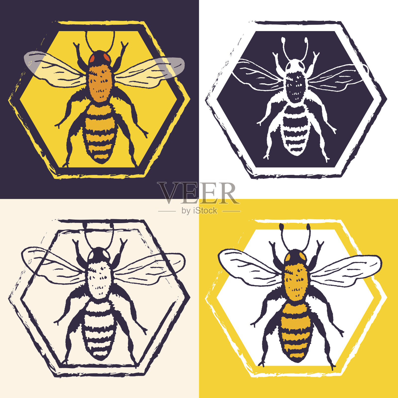 向量蜜蜂设置插图。画大黄蜂，蜂巢插画图片素材