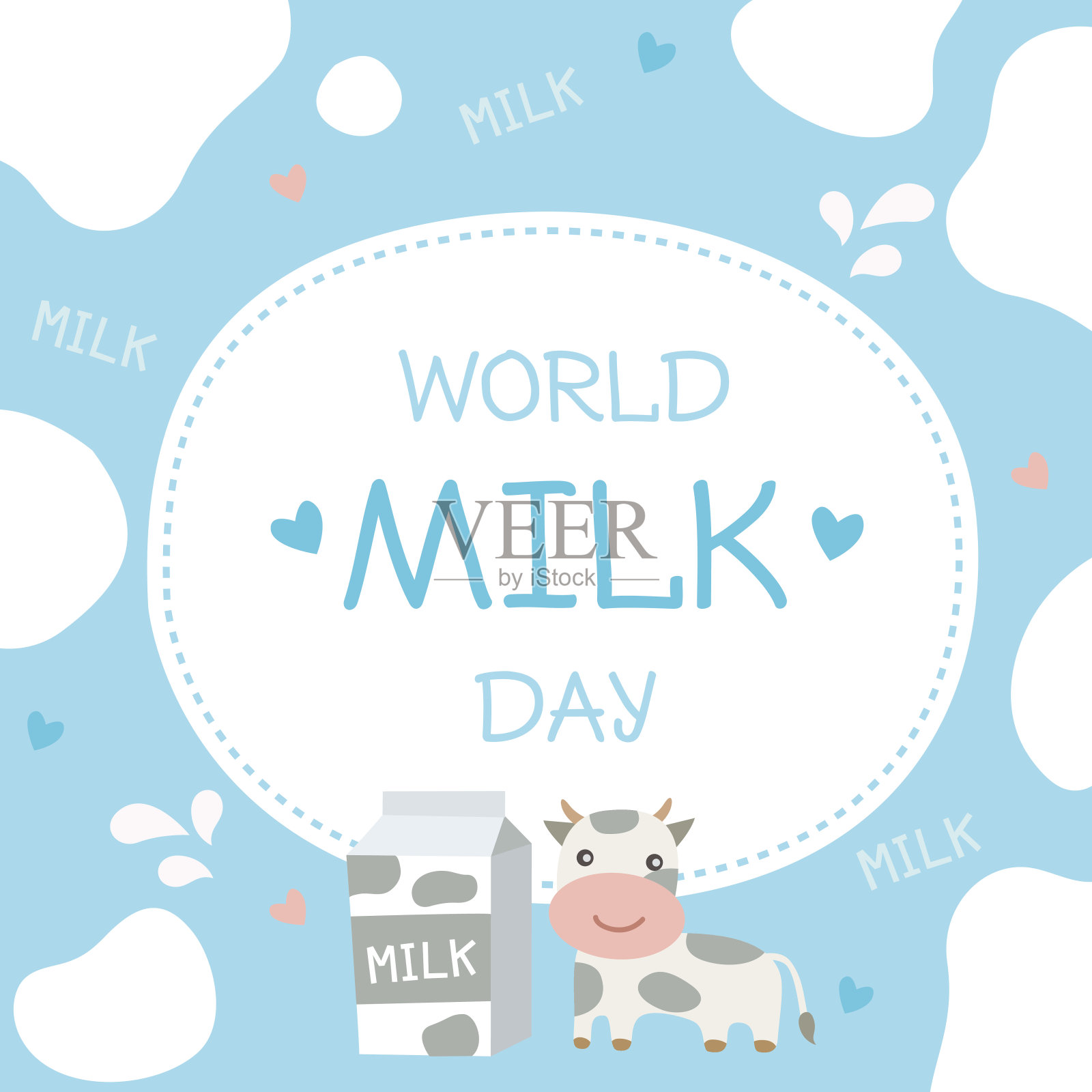 世界牛奶日海报，以蓝色背景装饰牛奶盒和奶牛图案。插画图片素材