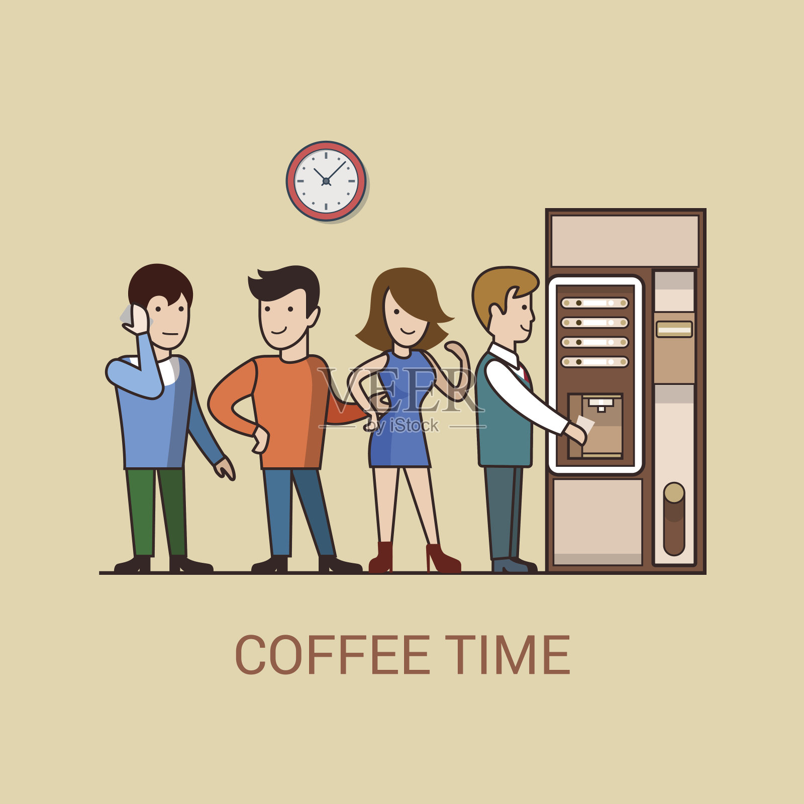 直线线条艺术商业咖啡休息卡通概念平面图标。在咖啡自动贩卖机之前，把办公室职员的电话转过来。网站点击横幅信息图设计网页元素矢量插图。插画图片素材