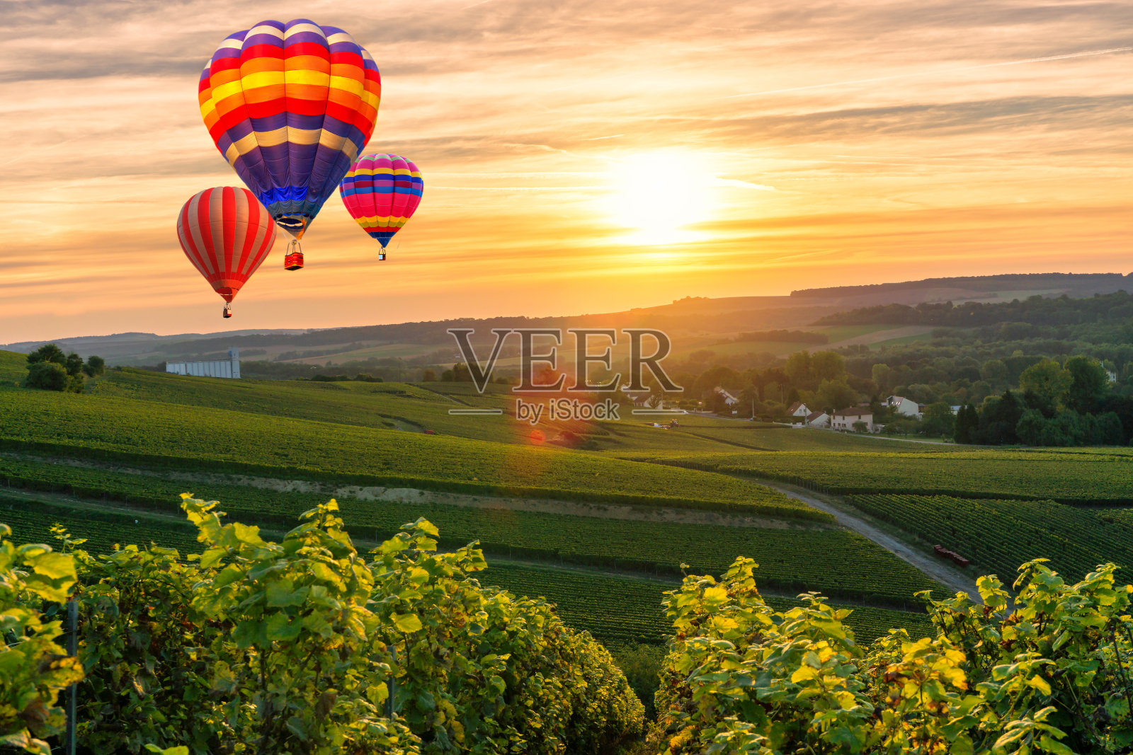 夕阳西下，彩色的热气球飞过香槟园，法国照片摄影图片