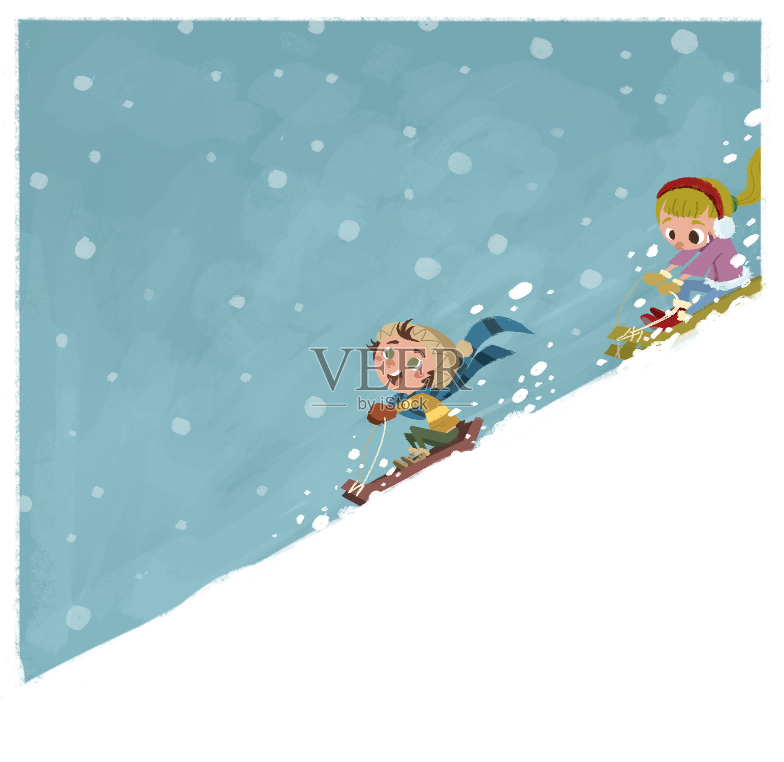孩子们玩雪橇插画图片素材