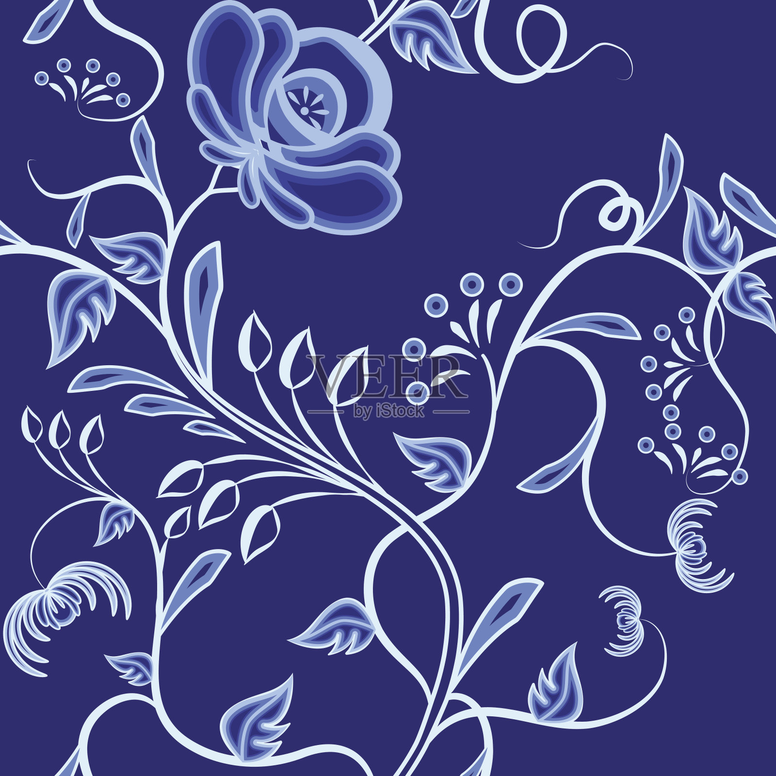 交织花的连续图案。深蓝色的背景仿俄罗斯风格的格热尔或中国画的瓷器。插画图片素材