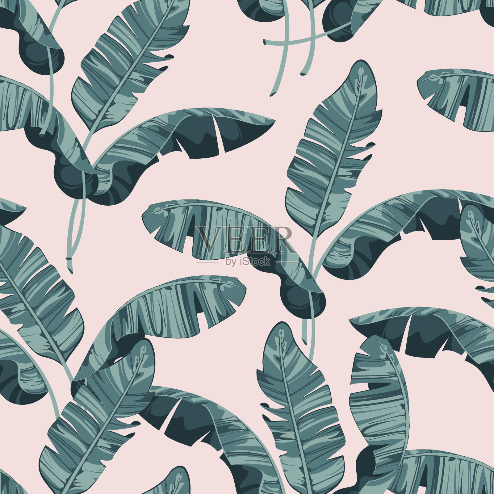 由异国情调的棕榈芭蕉叶在浅粉色的背景。打印夏季无缝矢量图案壁纸插画图片素材