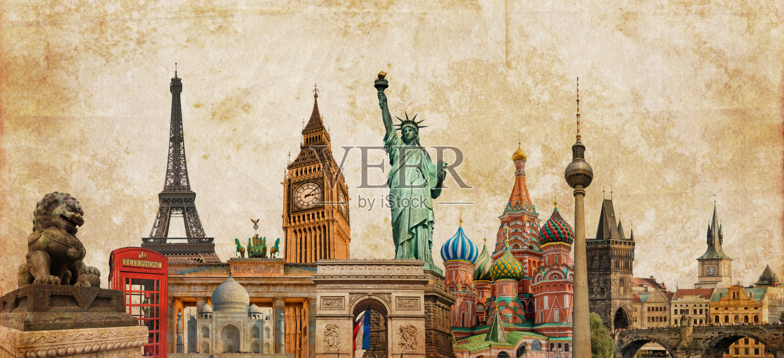 世界地标照片拼贴在复古tes深褐色纹理背景，旅游，旅游和研究世界各地的概念，复古明信片照片摄影图片