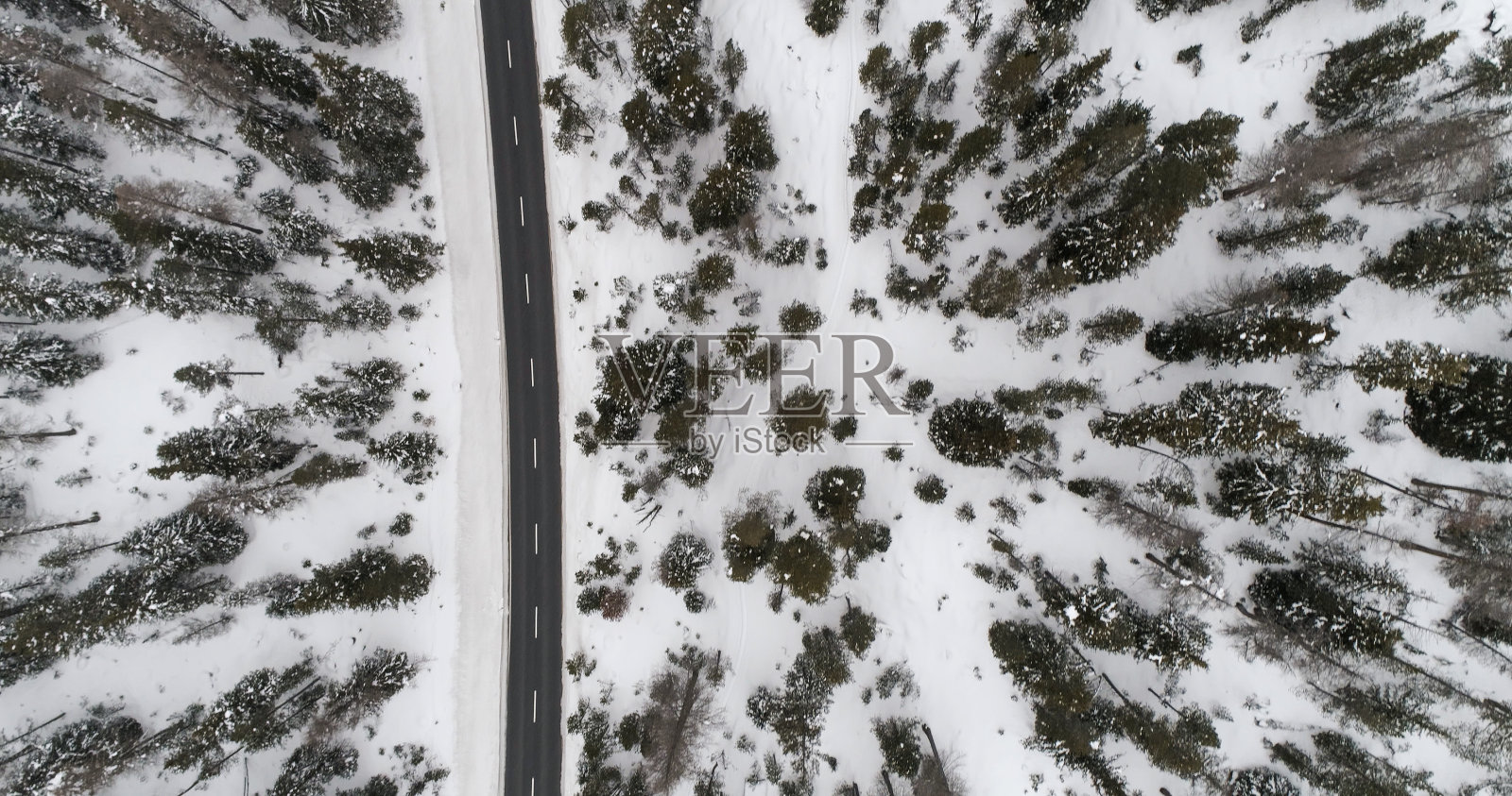 顶视图的冬季森林和沥青道路照片摄影图片