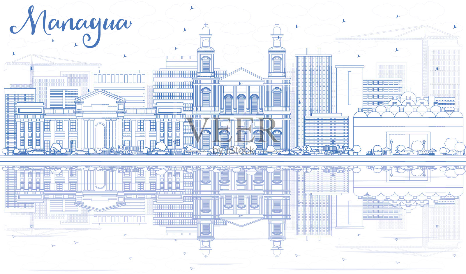 马那瓜天际线轮廓与蓝色建筑和反射。插画图片素材