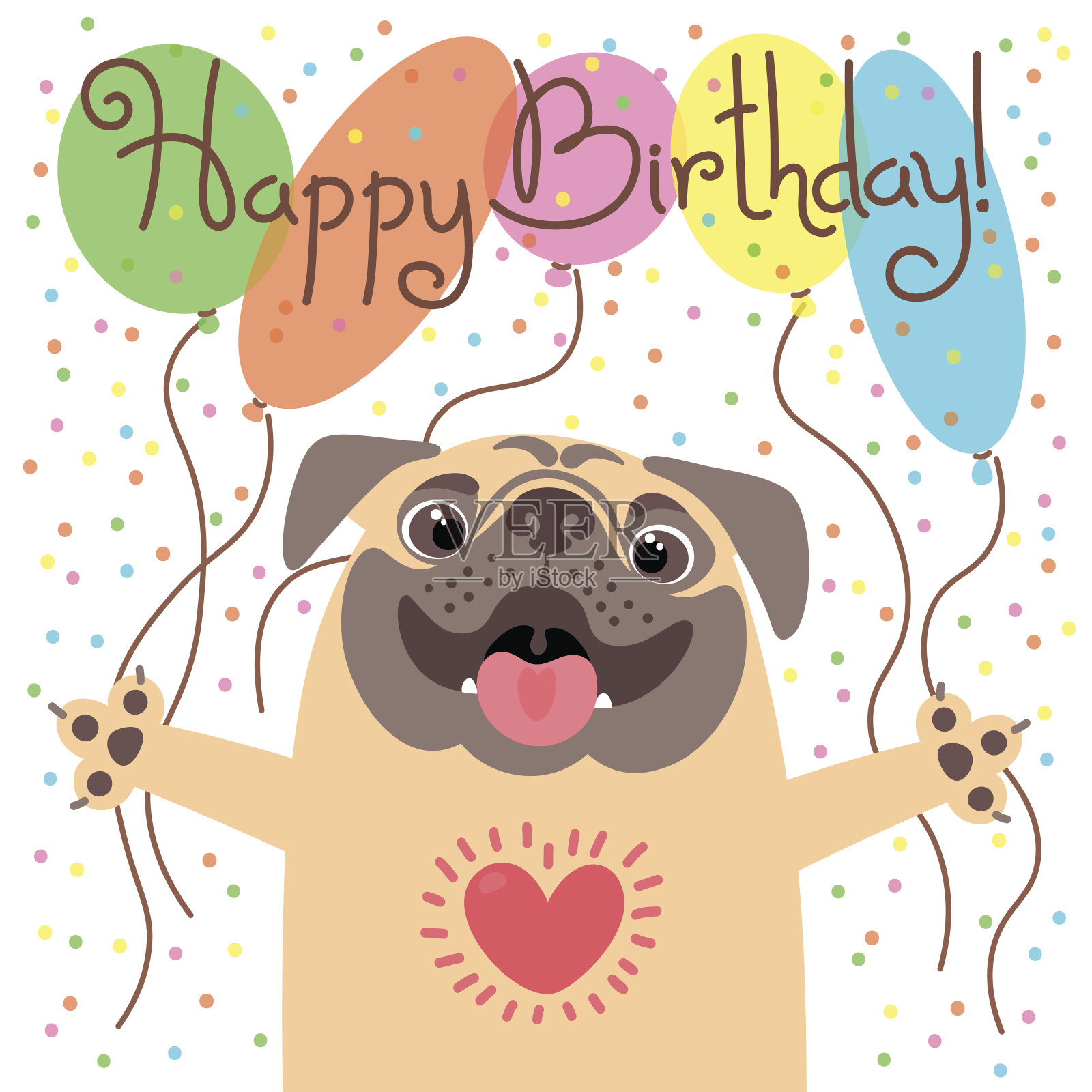 可爱的快乐的生日卡片与有趣的小狗。喜欢哈巴狗和气球插画图片素材