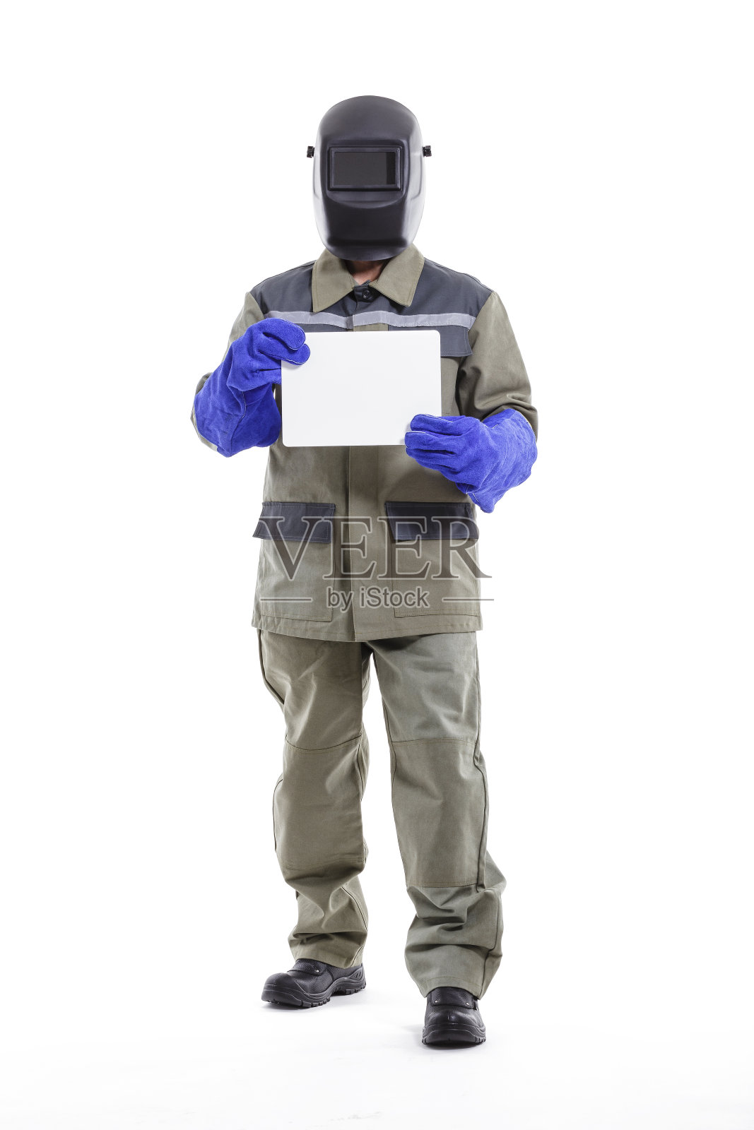 男子焊接面罩和蓝色防护手套与白色格式照片摄影图片