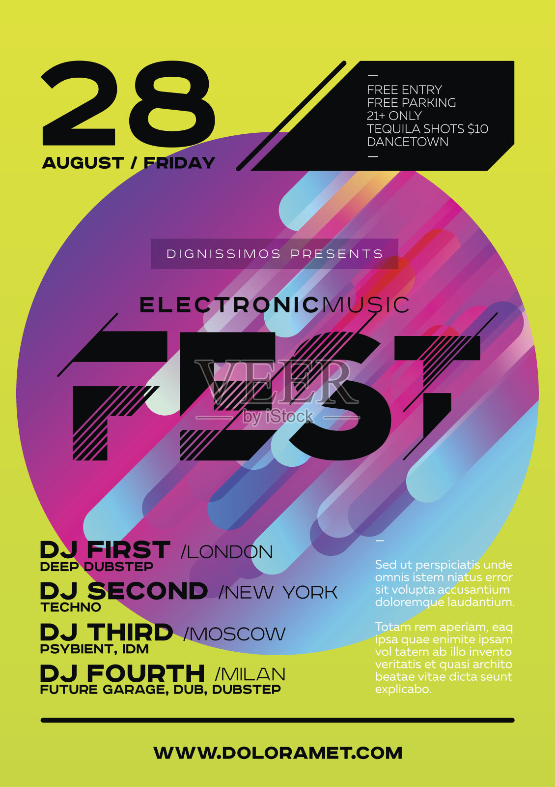 明亮的DJ海报夏季节日。音乐节最小电子音乐封面。设计模板素材