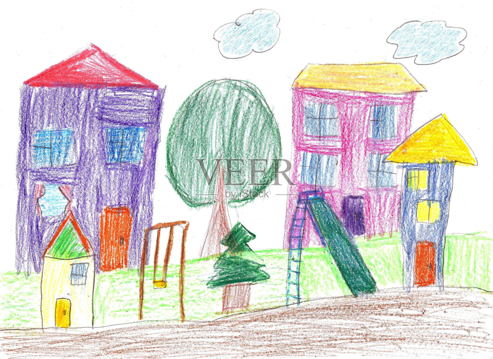 孩子的画。房子，树和长凳插画图片素材