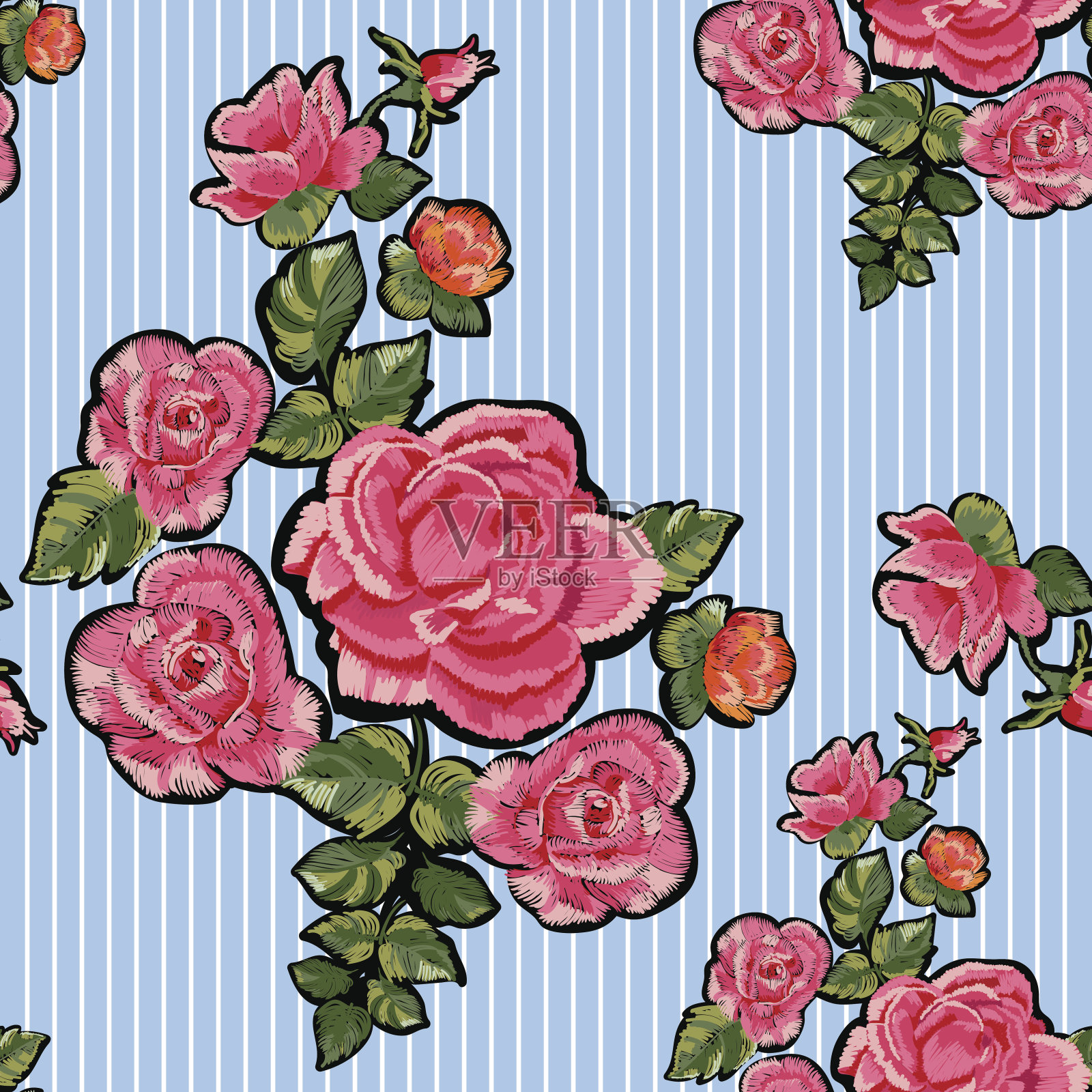 刺绣民族花卉斑块与红色和粉红色的玫瑰。插画图片素材
