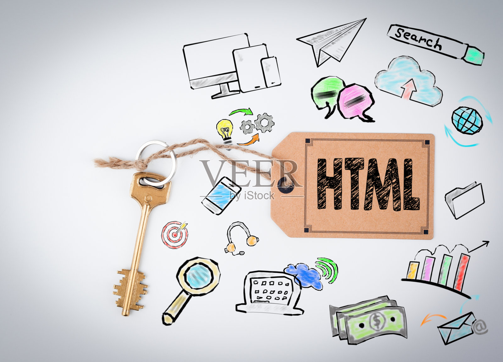 HTML计算机编码，网站概念。主调和音符在白色背景上照片摄影图片