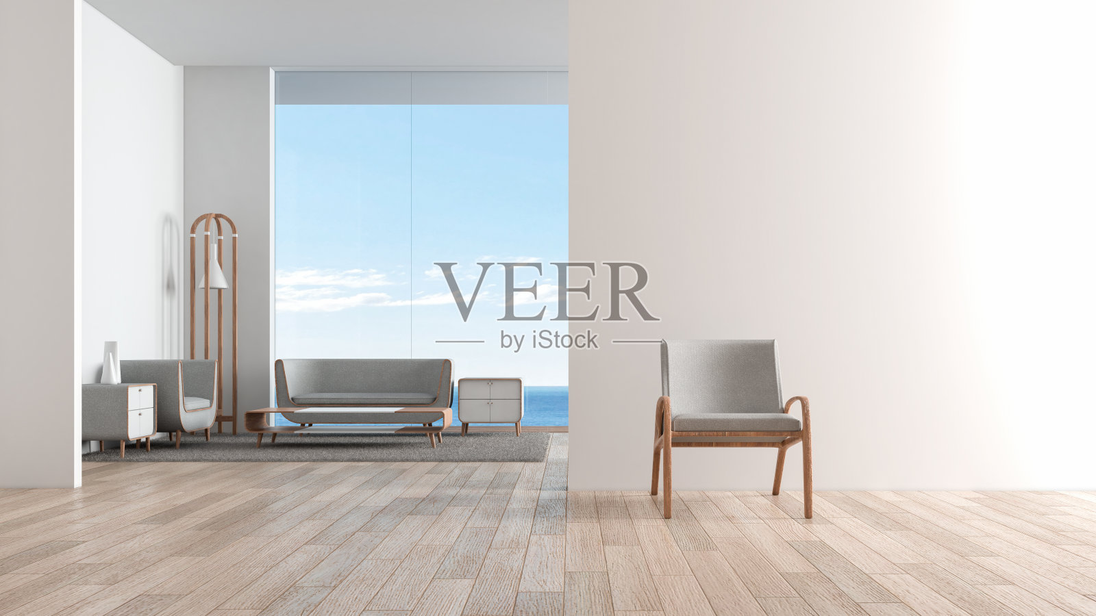 现代室内客厅木地板配沙发套。客厅前面的椅子。海景夏季3d渲染照片摄影图片