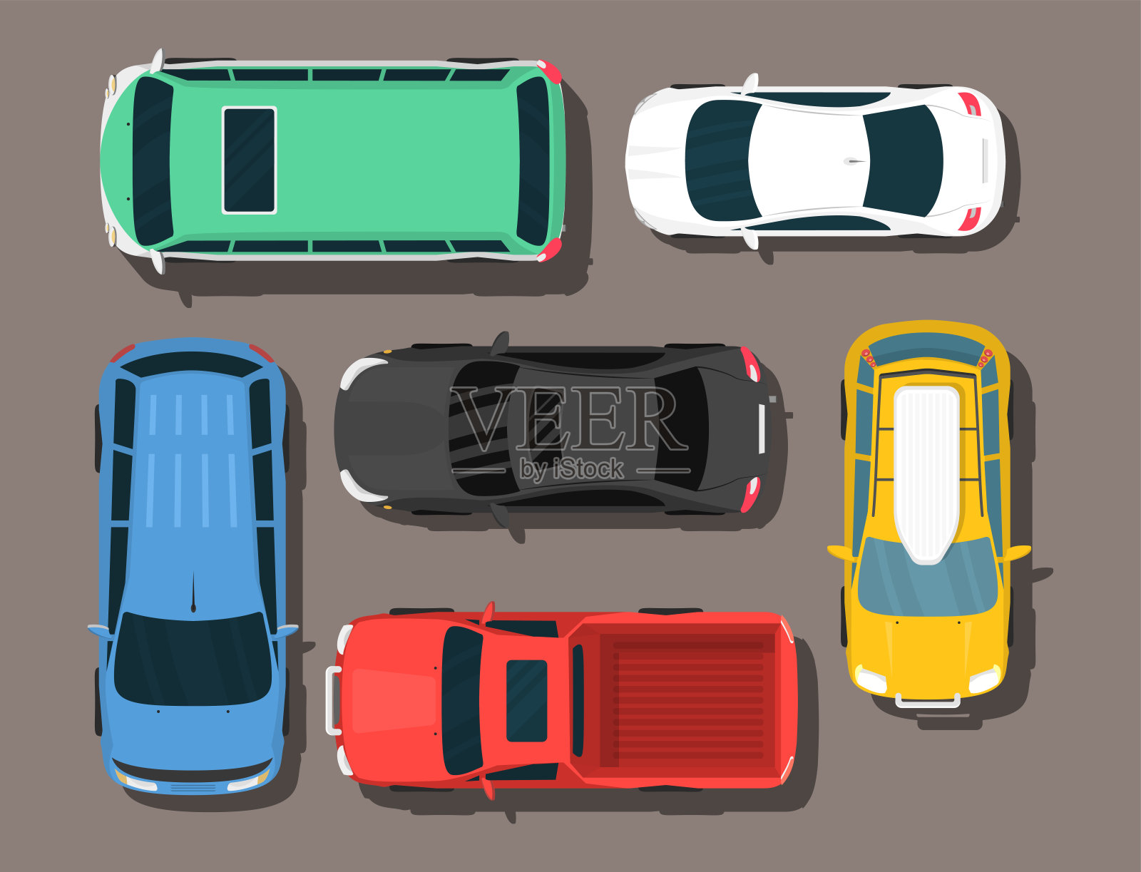 俯视图彩色汽车玩具皮卡汽车运输轮运输设计汽车矢量插图插画图片素材