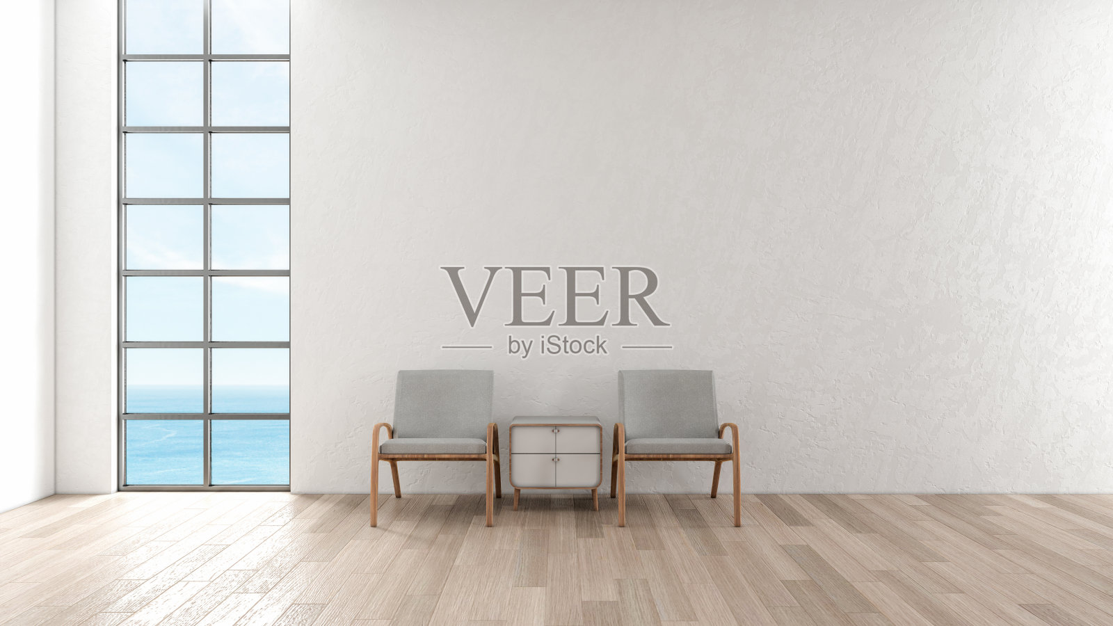 现代室内客厅木地板。椅子在客厅海景夏季3d渲染。jpg照片摄影图片