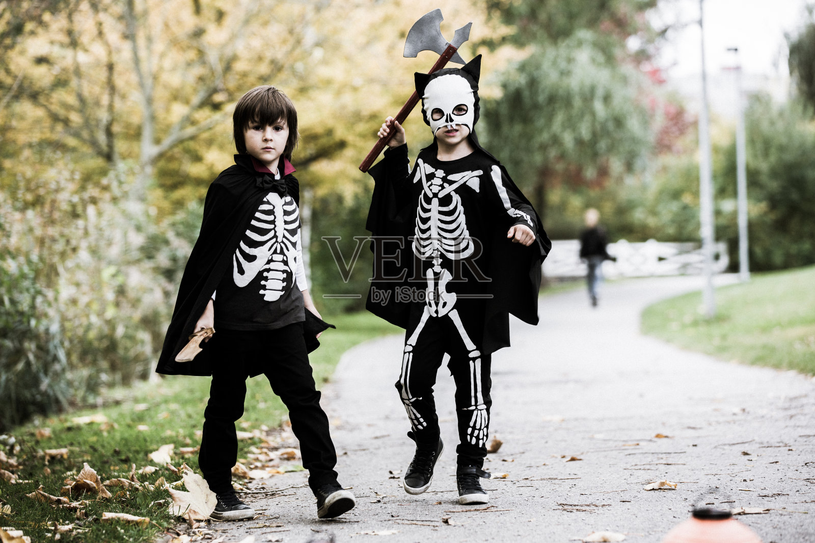 两个孩子，男孩兄弟在公园里穿着万圣节服装照片摄影图片