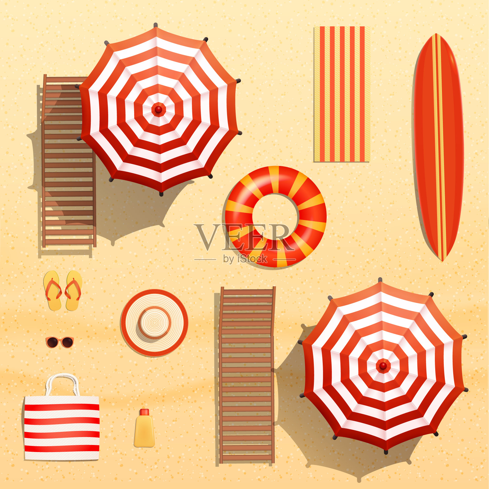 现实的矢量对象插图，太阳伞，冲浪板，毛巾，躺椅，游泳环，太阳镜和其他海滩东西插画图片素材