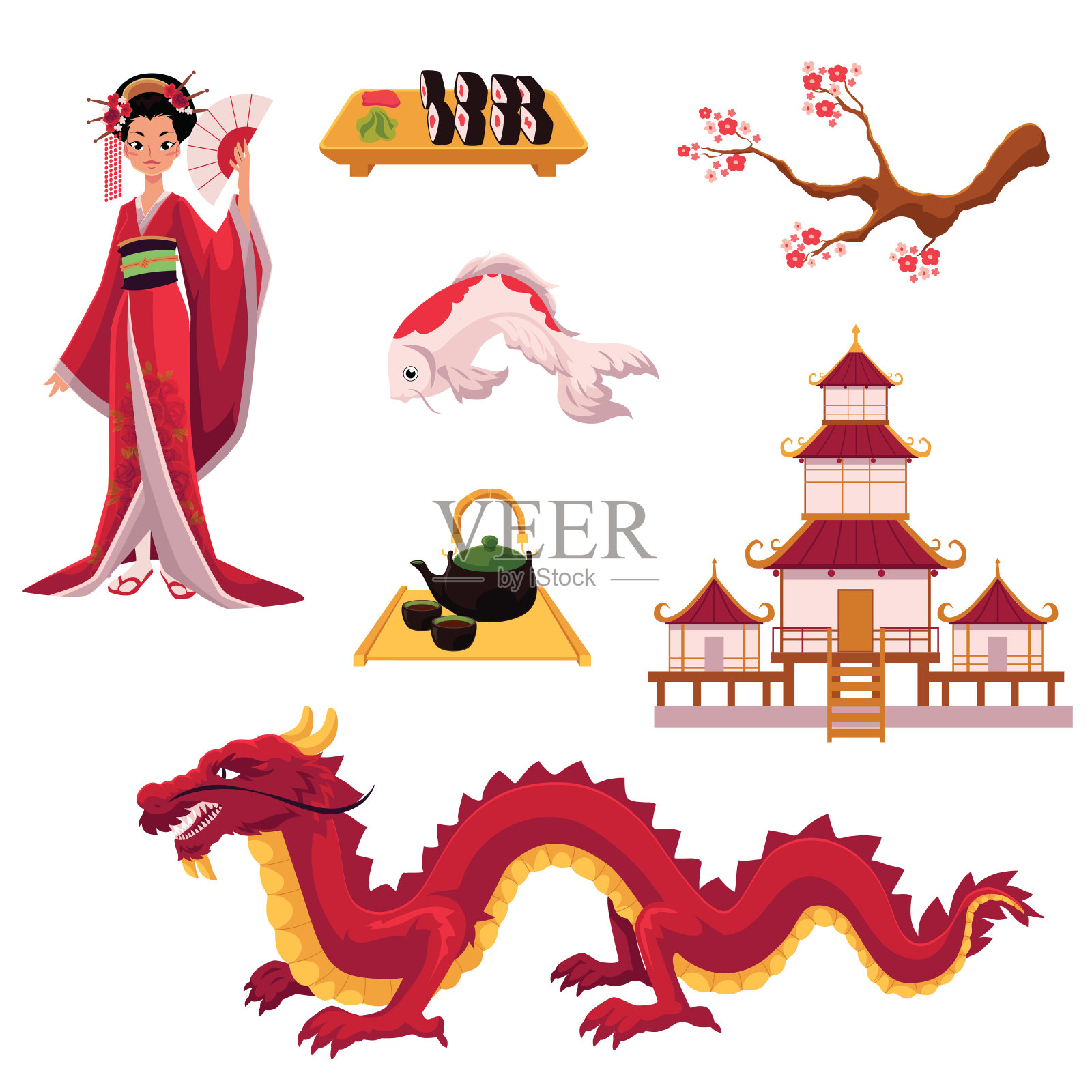 漫画集日本文化元素、符号插画图片素材