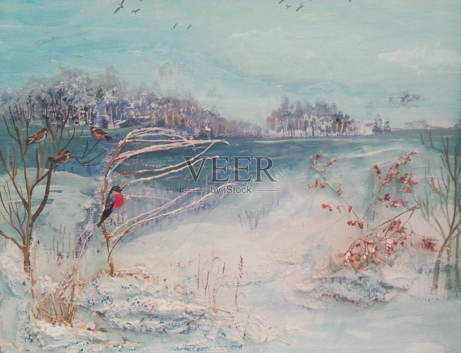 油画，冬天的树，河和鸟插画图片素材