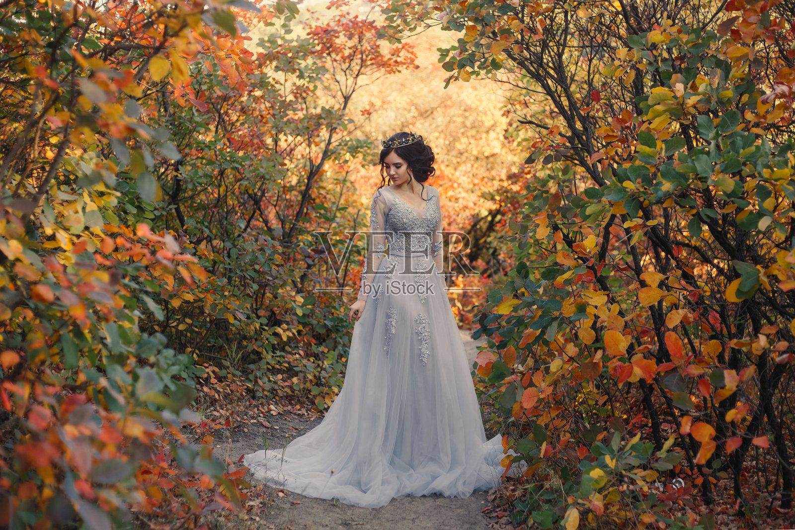 美丽的褐发女人走在秋天的森林里照片摄影图片