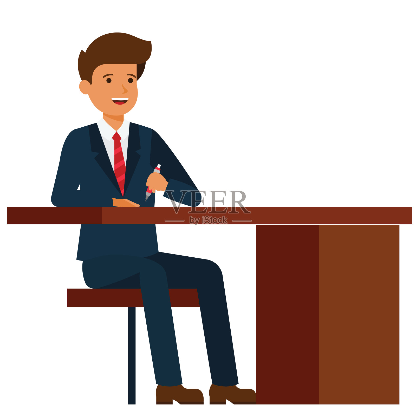 商人坐在办公室桌子上的卡通平面矢量插图概念上孤立的白色背景插画图片素材