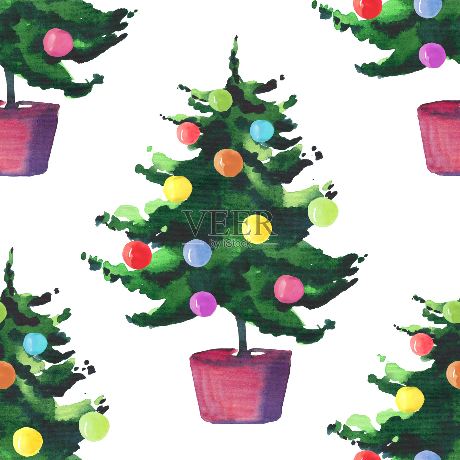 圣诞节美丽的艺术美妙的明亮的节日冬季绿色云杉树在盆与五颜六色的玩具图案水彩手插图。非常适合纺织、壁纸和贺卡插画图片素材