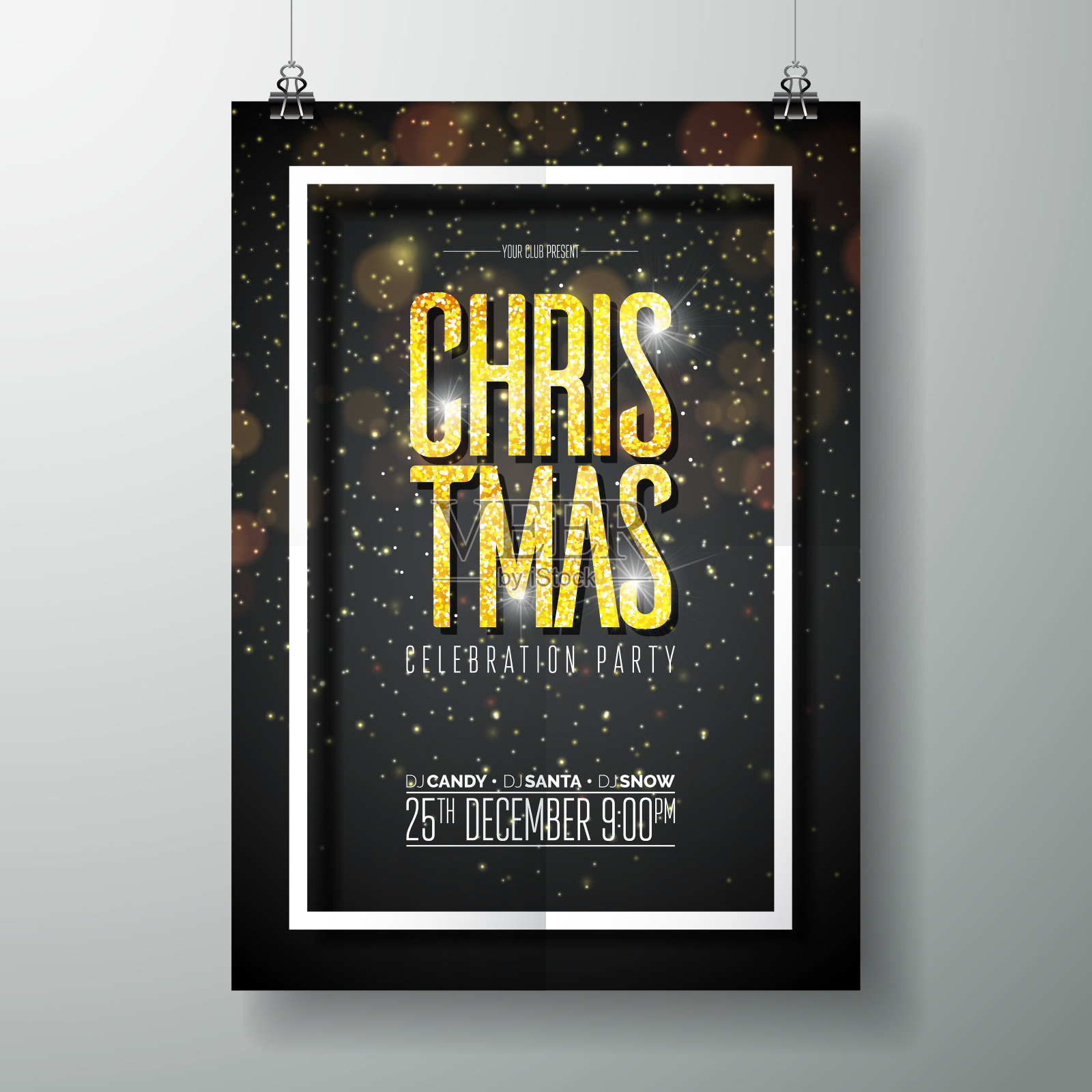 矢量圣诞晚会海报设计模板与节日排版元素和闪亮的灯光在黑暗的背景。设计模板素材