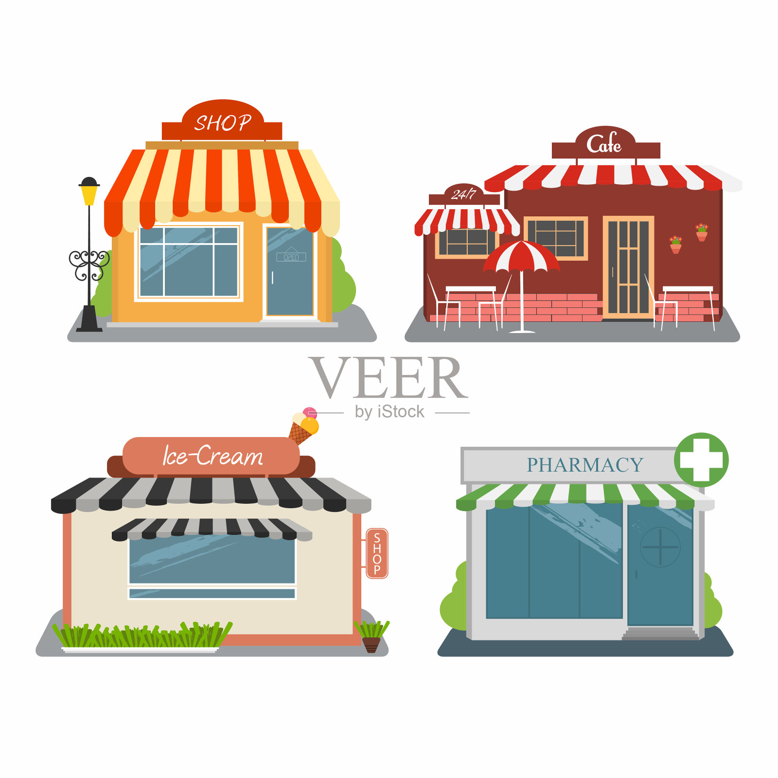 商店、咖啡馆、冰淇淋店、药房。一套不同的彩色商店设计元素图片