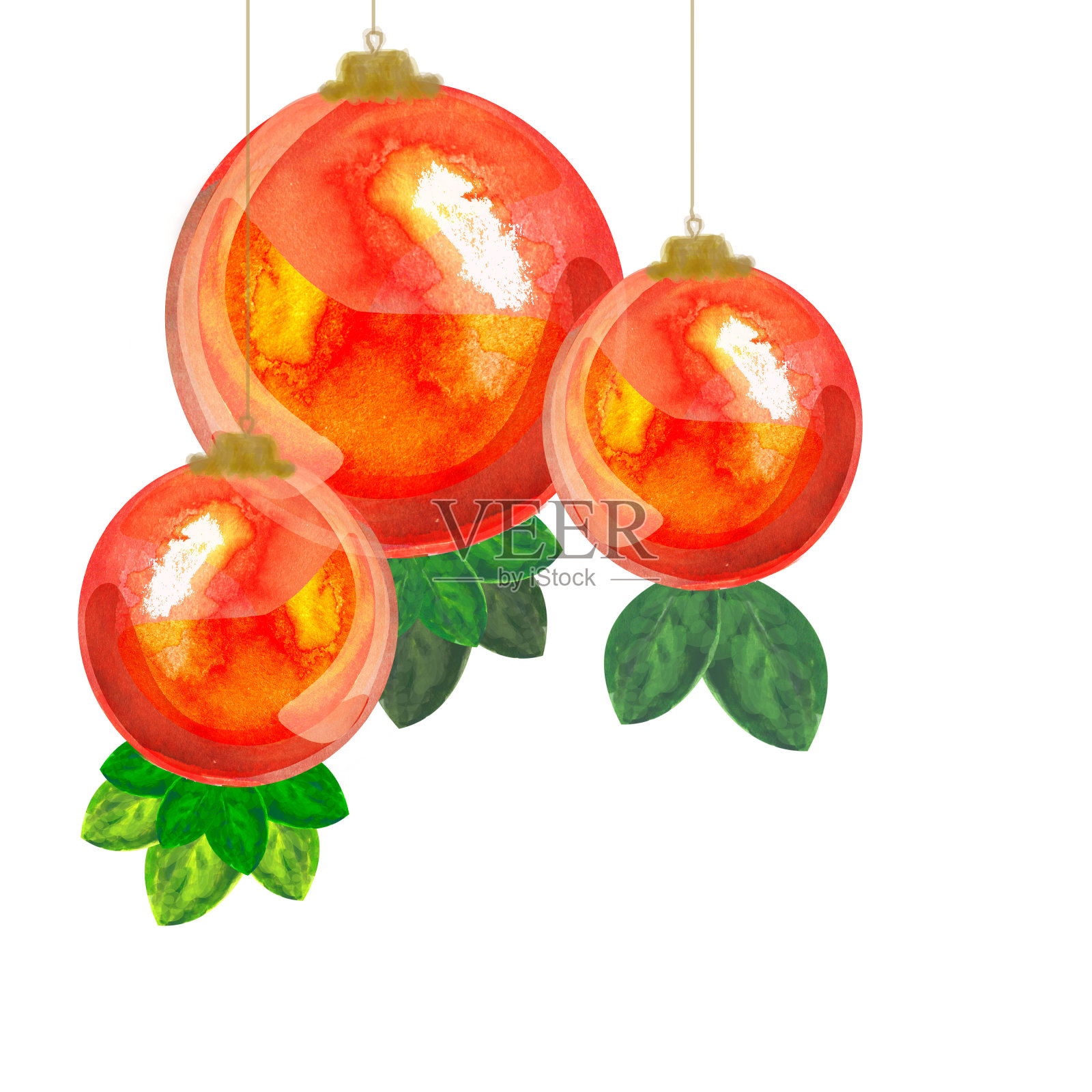 红色水彩球与绿色树叶装饰插画图片素材