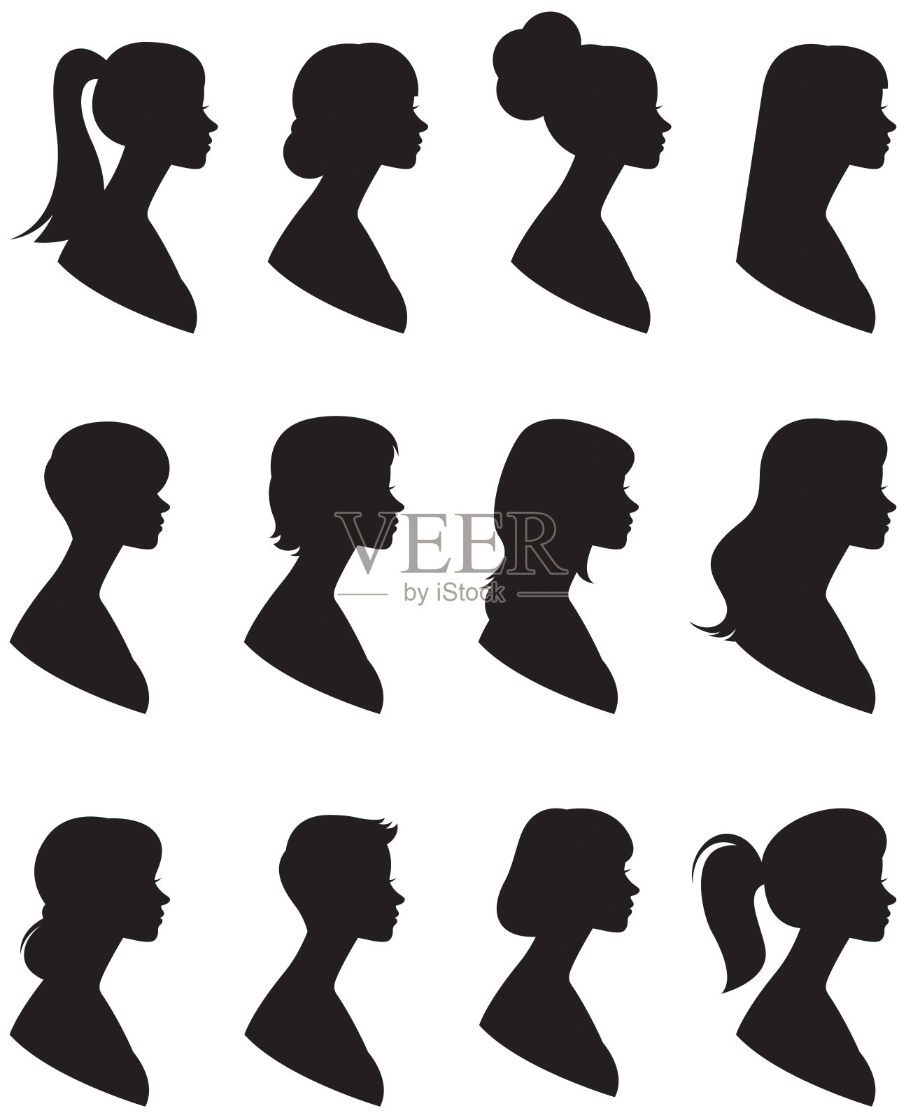 一组矢量剪影。一个女人的肖像在一个白色的背景与不同的发型的侧面。设计元素图片