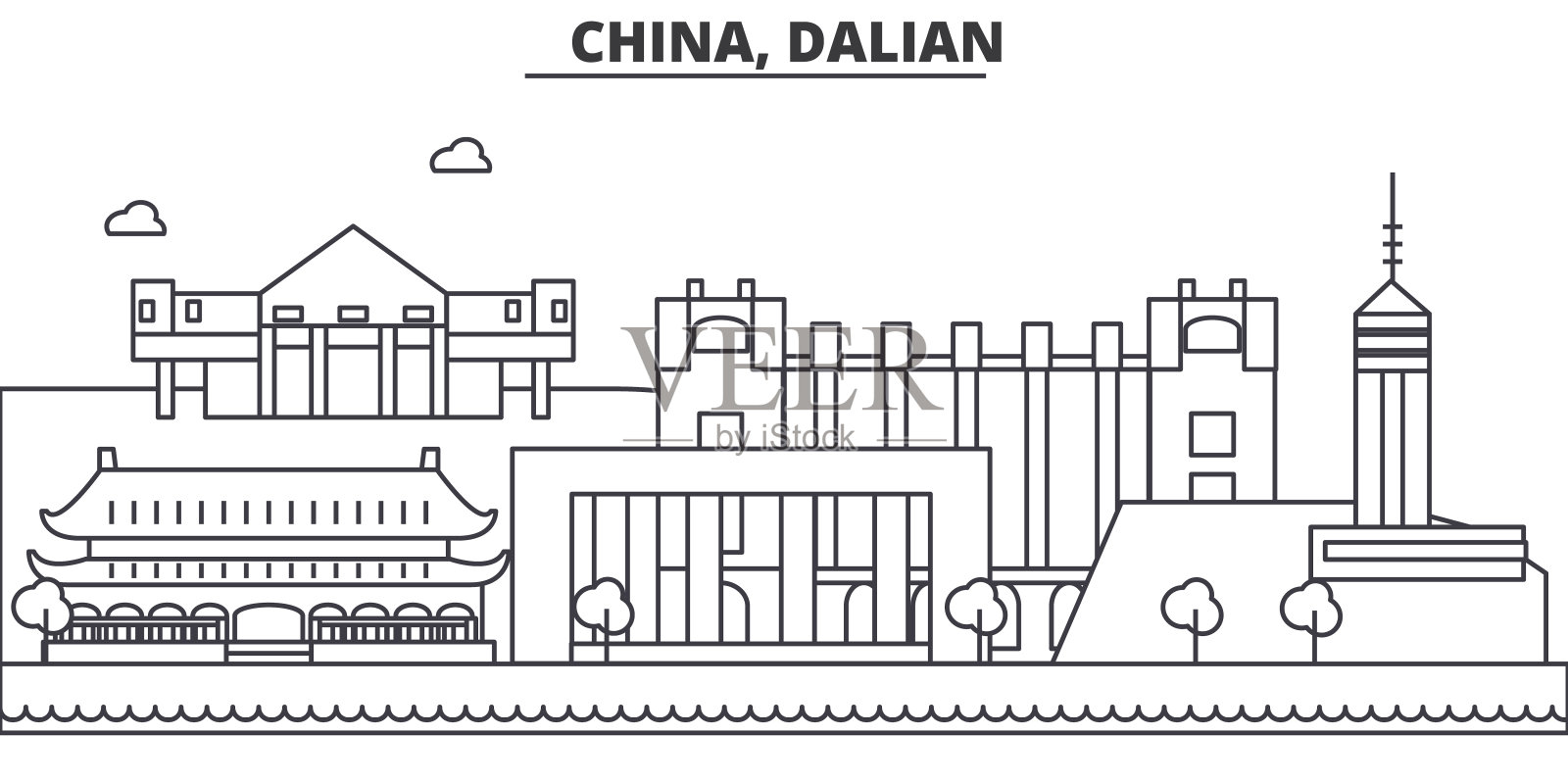 中国，桂林建筑线天际线插图。线性向量的城市景观与著名的地标，城市景观，设计图标。风景与可编辑的笔触设计元素图片
