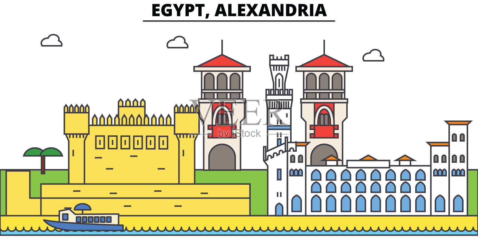埃及，亚历山大勾勒城市天际线，线性插图，横幅，旅游地标，建筑剪影，矢量插画图片素材