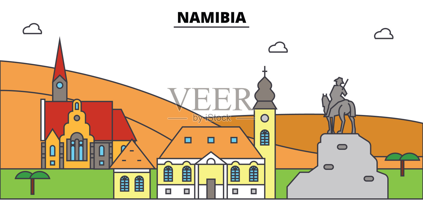 纳米比亚勾勒城市天际线，线性插图，横幅，旅游地标，建筑剪影，矢量插画图片素材