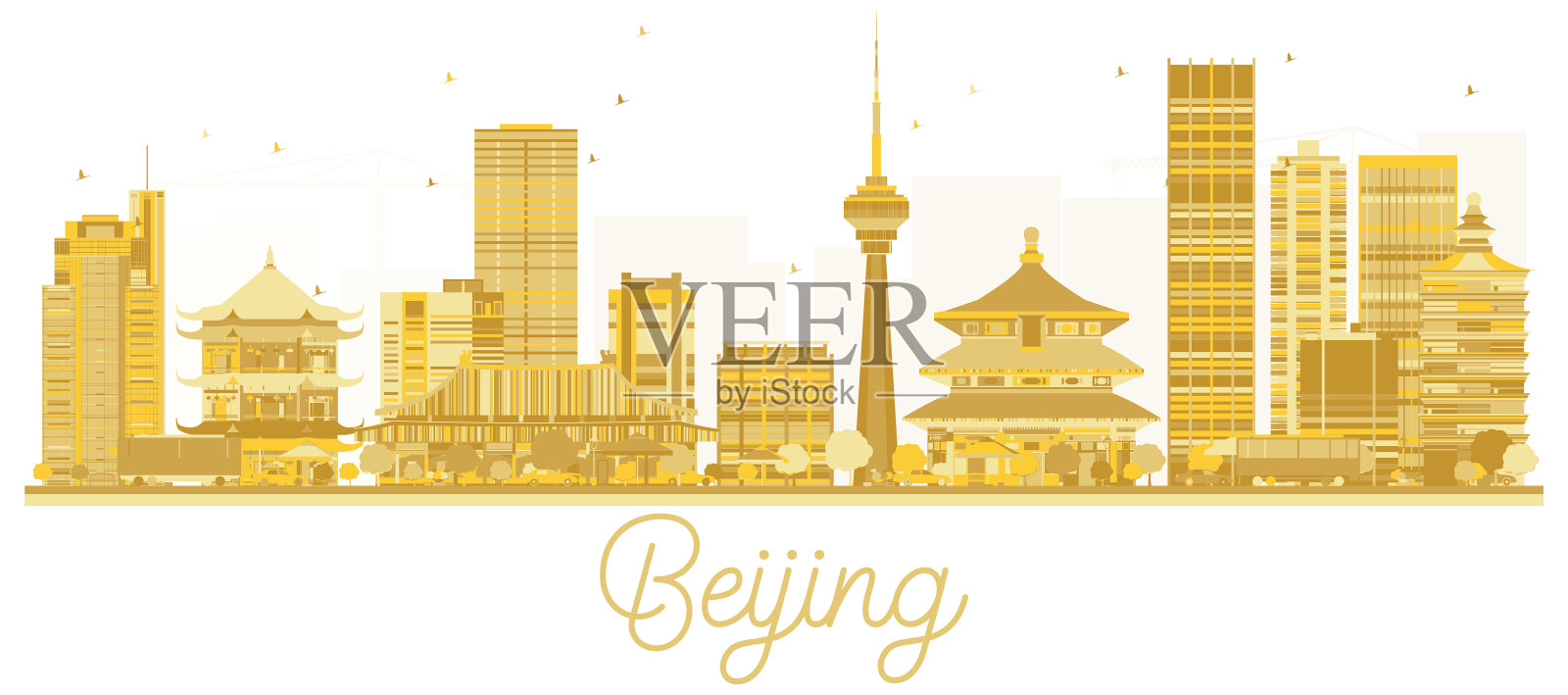 北京天际线金色剪影。插画图片素材