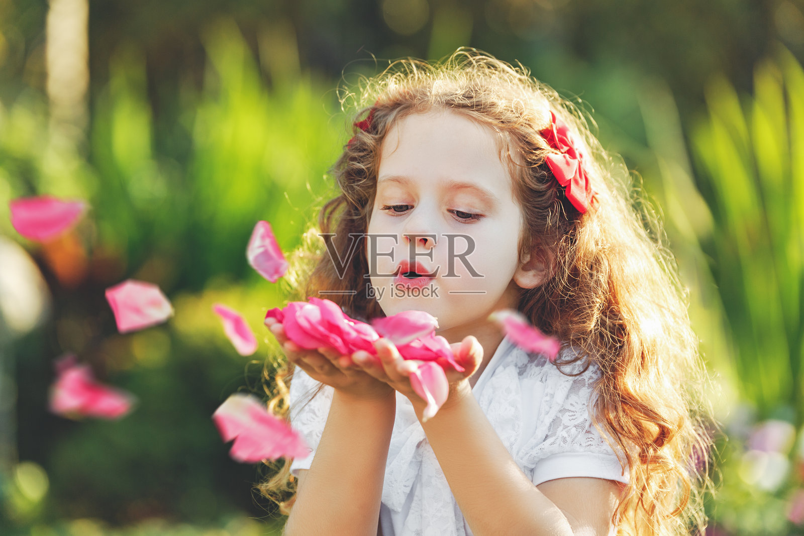 小女孩吹着手中的玫瑰花瓣。照片摄影图片