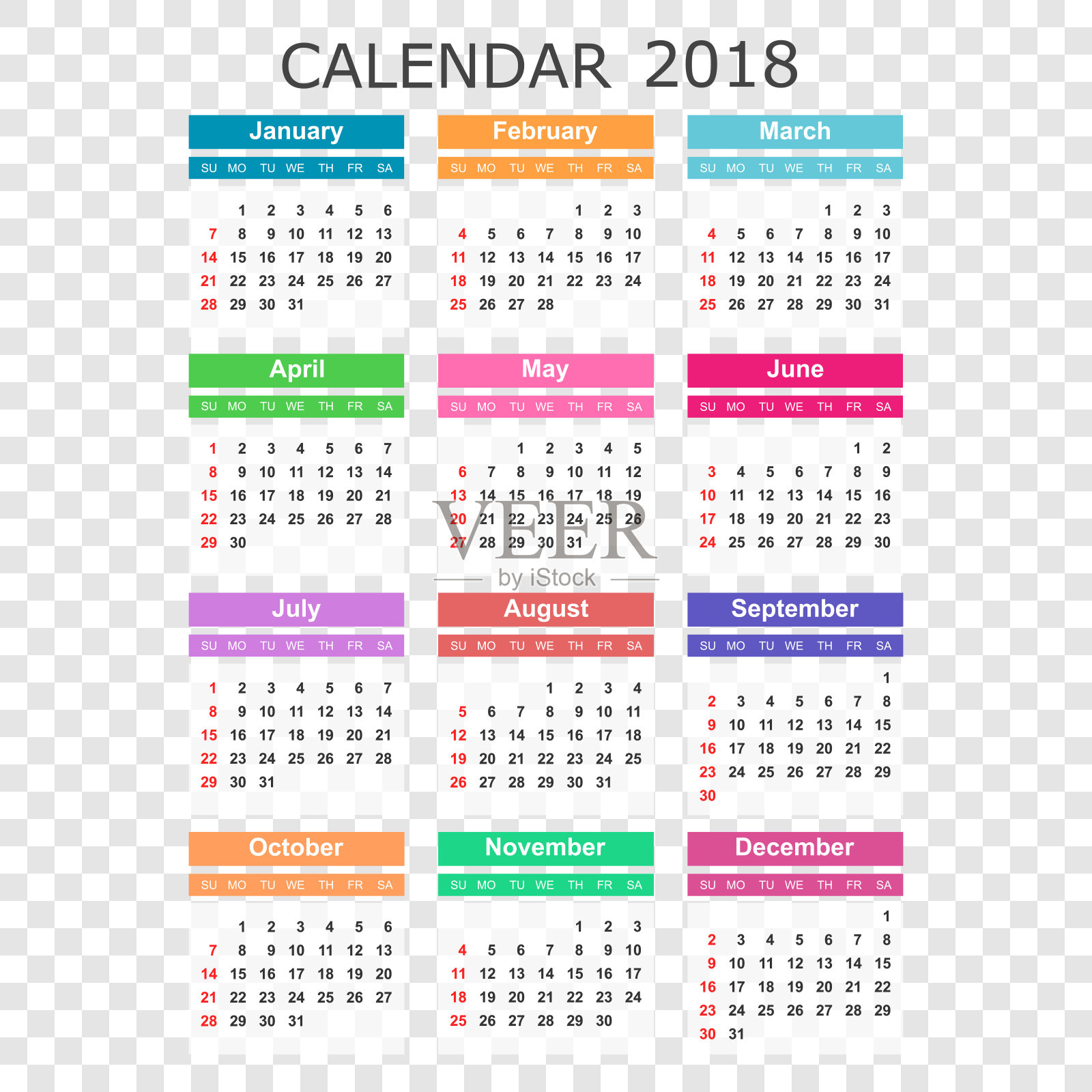 2018年日历风格简约。日历计划设计模板。一周从周日开始。业务矢量插图。设计模板素材