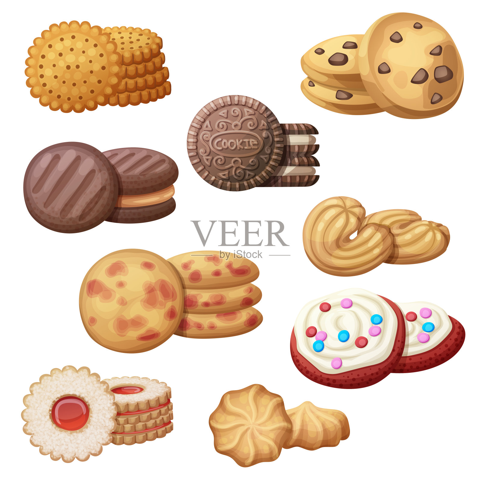 一套9个美味的饼干。卡通矢量插图。食物甜的图标孤立在白色的背景插画图片素材