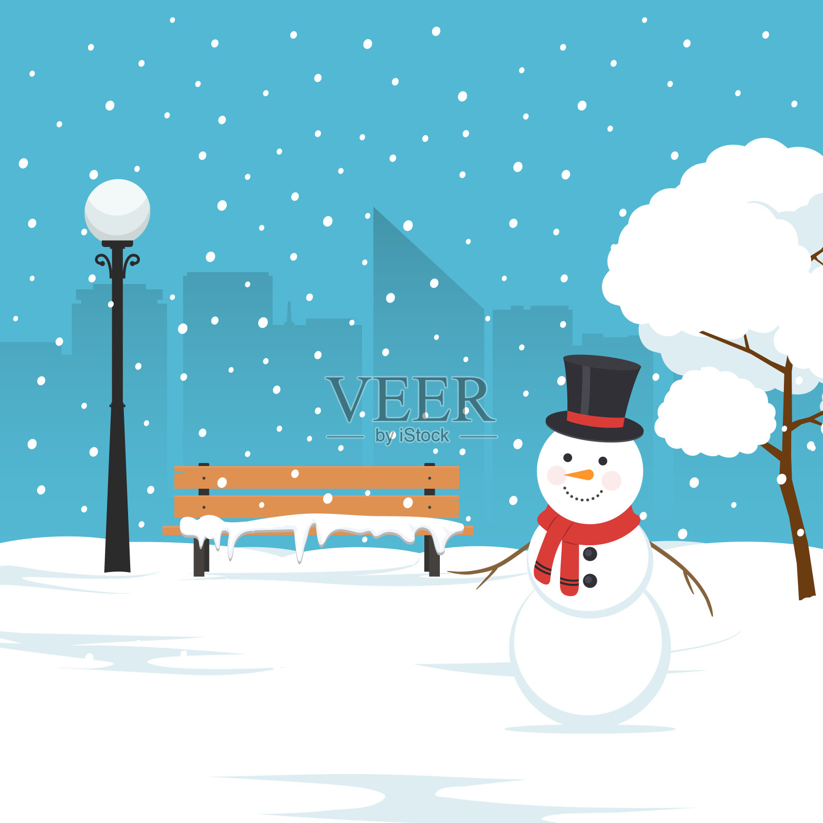 雪人、公园长椅和被雪覆盖的树木。城市公园的冬季景观。圣诞节的背景。背景图片素材