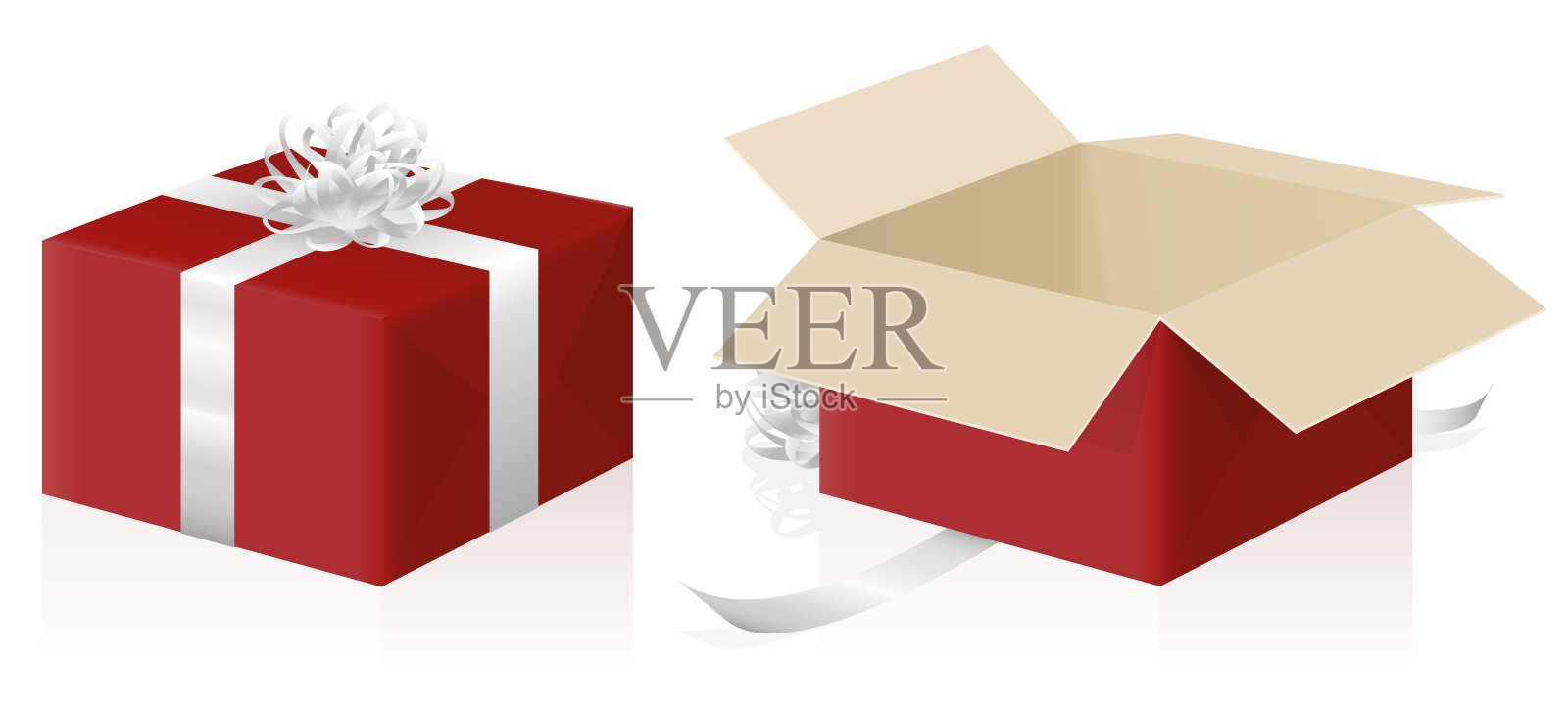 礼品包装，包装和打开的红色包裹，关闭和打开的礼物纸箱- 3d孤立的矢量插图在白色的背景。设计元素图片