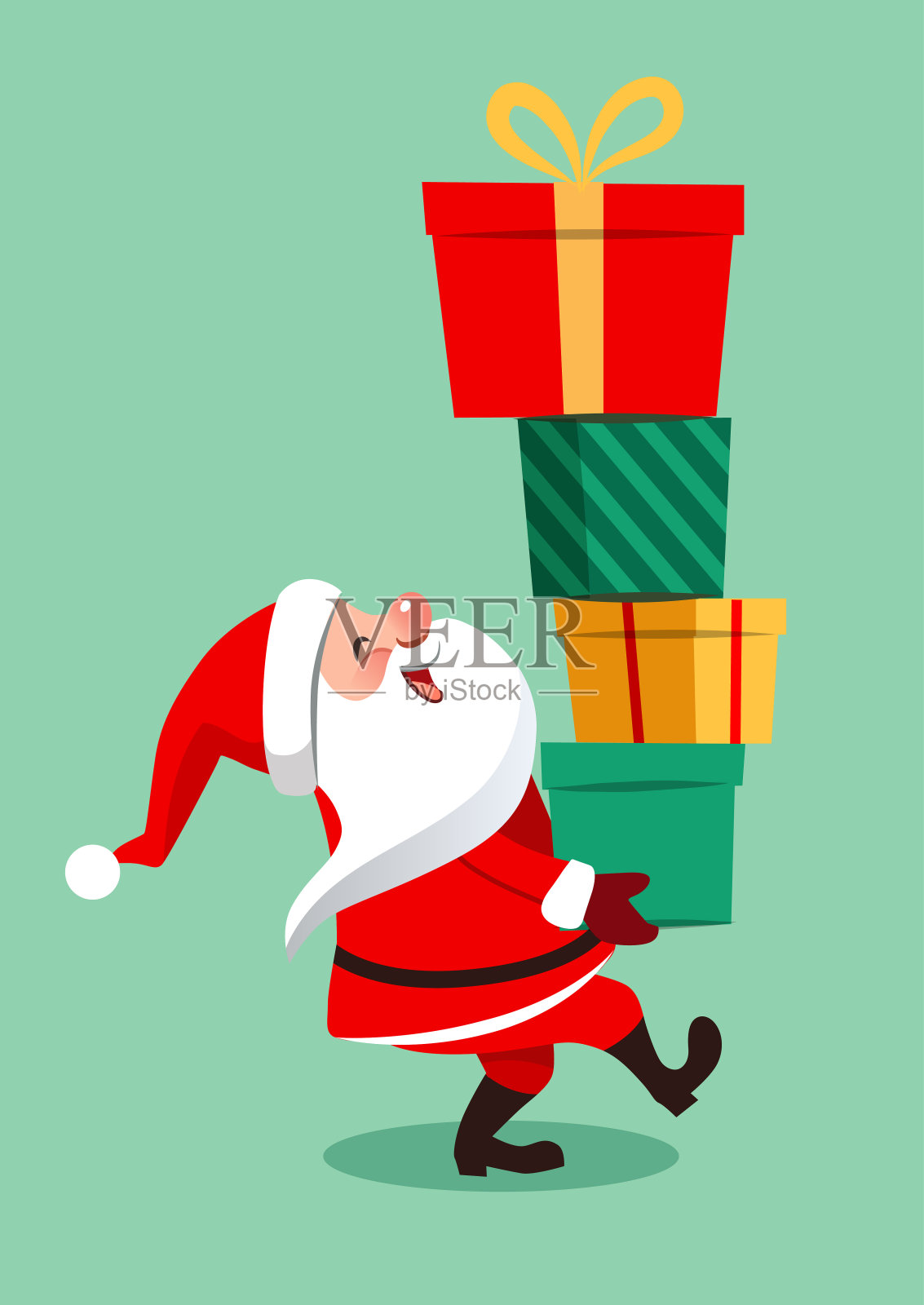 矢量卡通插图有趣的圣诞老人人物携带一堆大的彩色礼盒，孤立在当代扁平风格的水绿色背景。圣诞主题设计元素插画图片素材