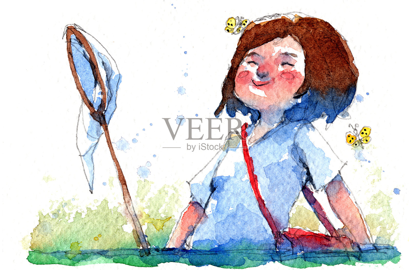 水彩画插画集的女孩在一个领域与昆虫网，传统艺术品扫描插画图片素材